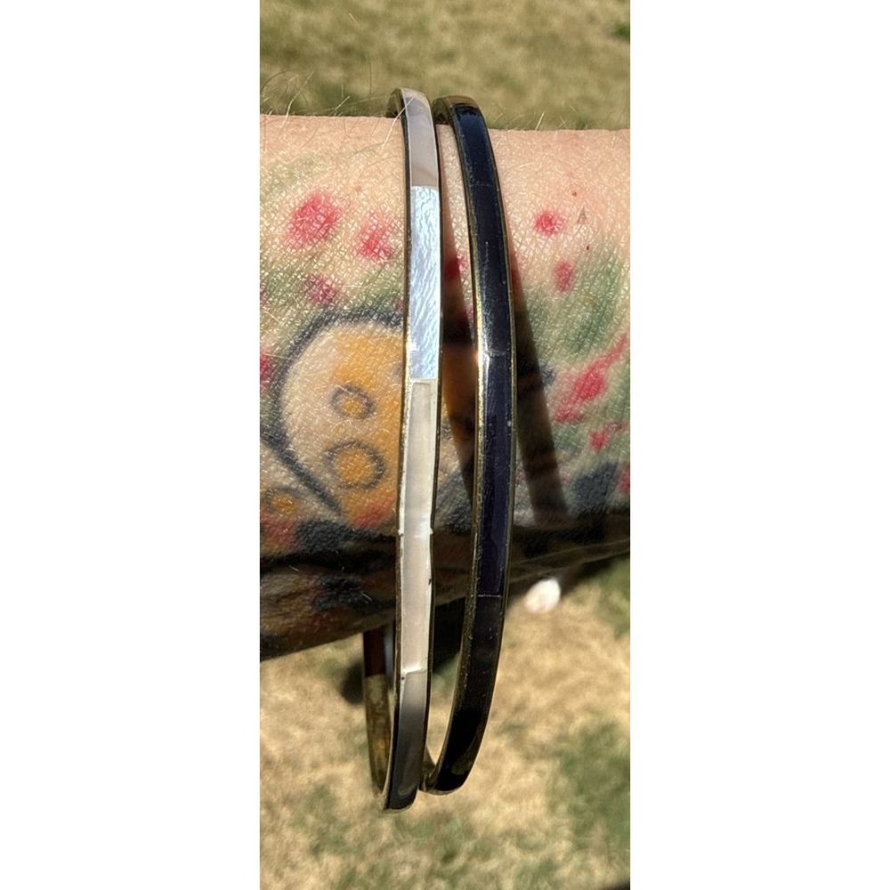 Vintage Bracelets Brass Colorful‎ Boho Bangle Stackable lot Of 2 White And Black